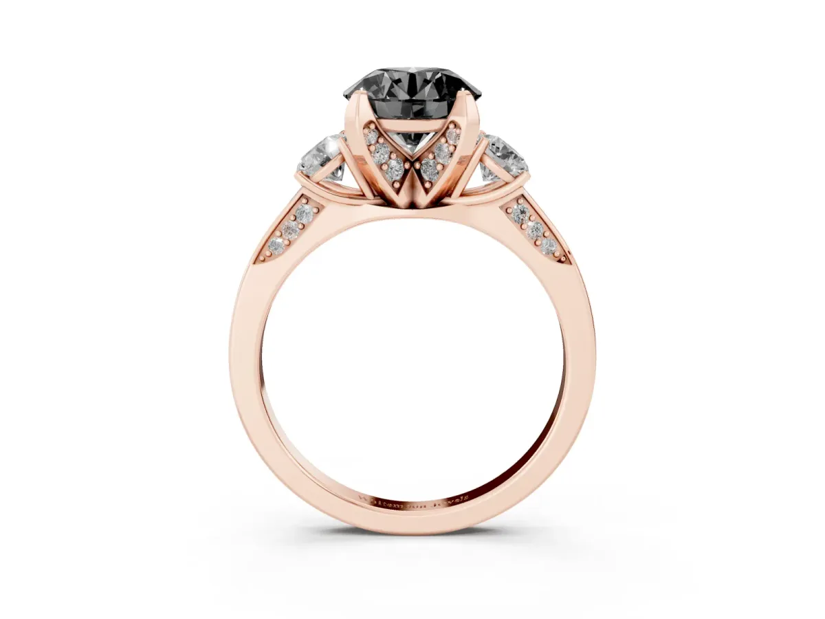 Fancy Black Round Cut Brilliant Three-Stone Diamond Ring with Pavé Band and Four-Prong Setting Rose gold