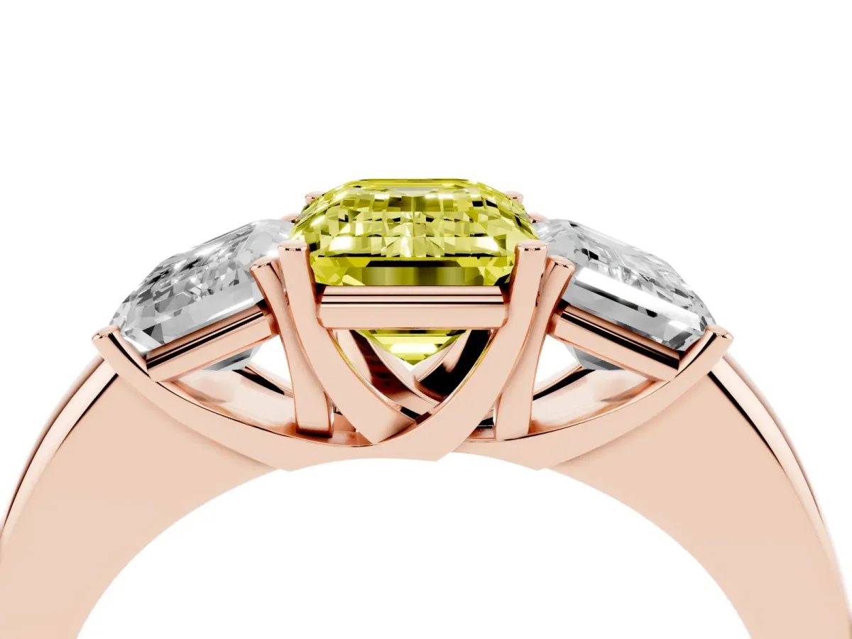 Fancy Yellow Emerald Cut Diamond Three-Stone Ring with Four-Prong Setting and Classic Band Rose gold
