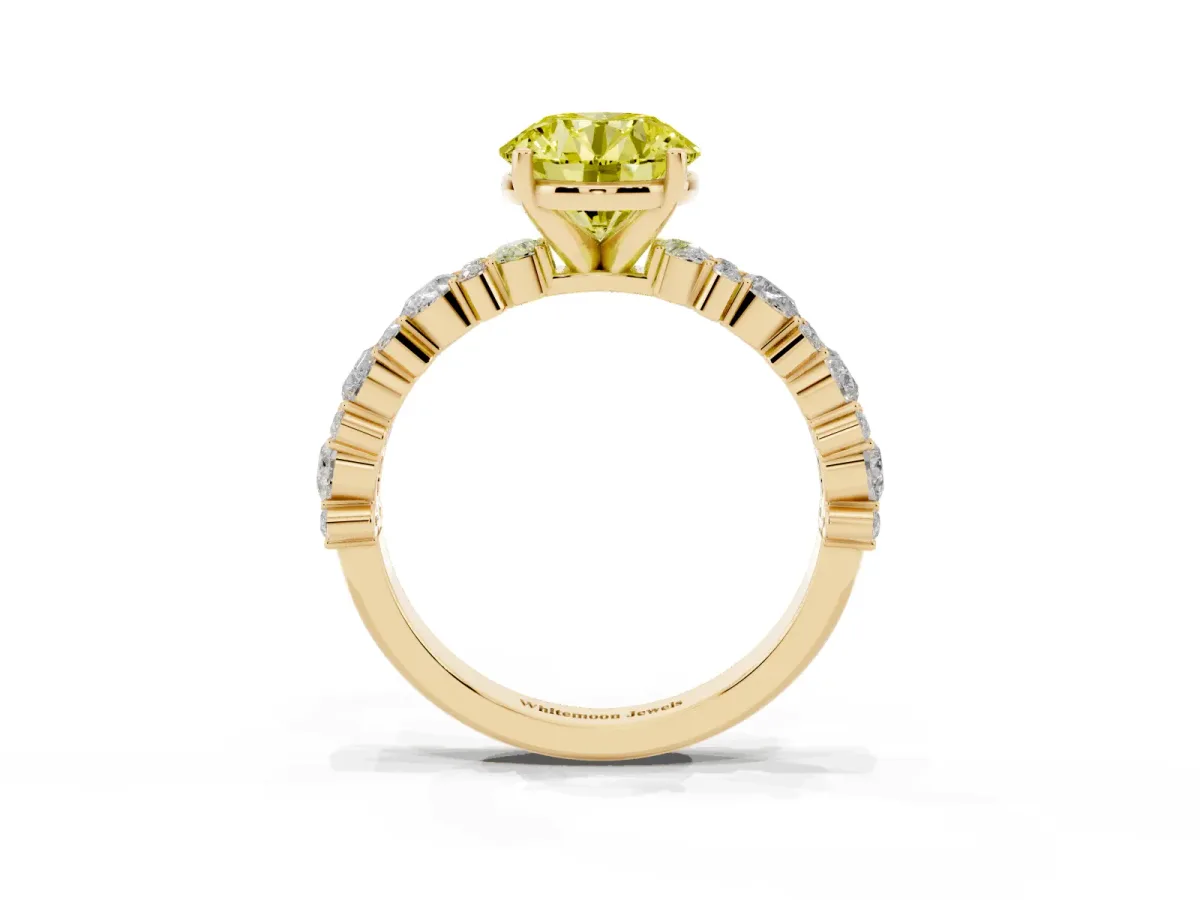 Fancy Yellow Round Cut Diamond Side Stone Solitaire Ring with Round and Four-Prong Setting Yellow gold