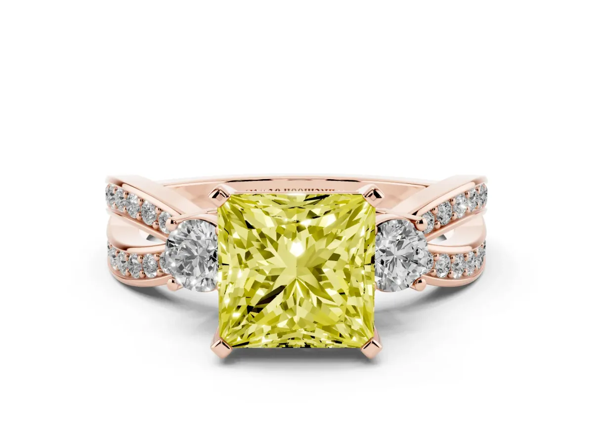 Fancy Yellow Three-Stone Princess Cut Cut Diamond Twist Band with Prong Setting Rose gold