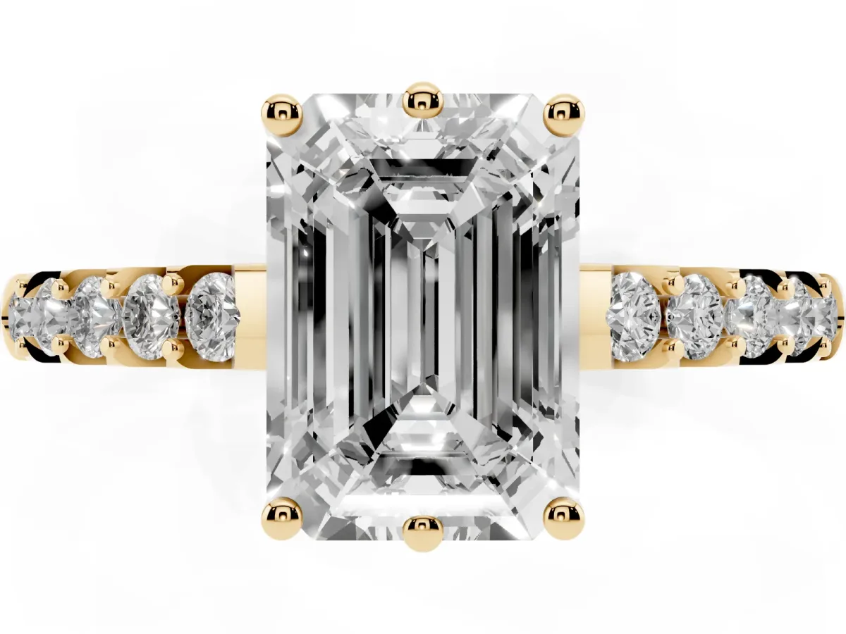 Emerald Cut Solitaire Diamond Engagement Ring with Pavé Band and Six-Prong Setting Yellow gold