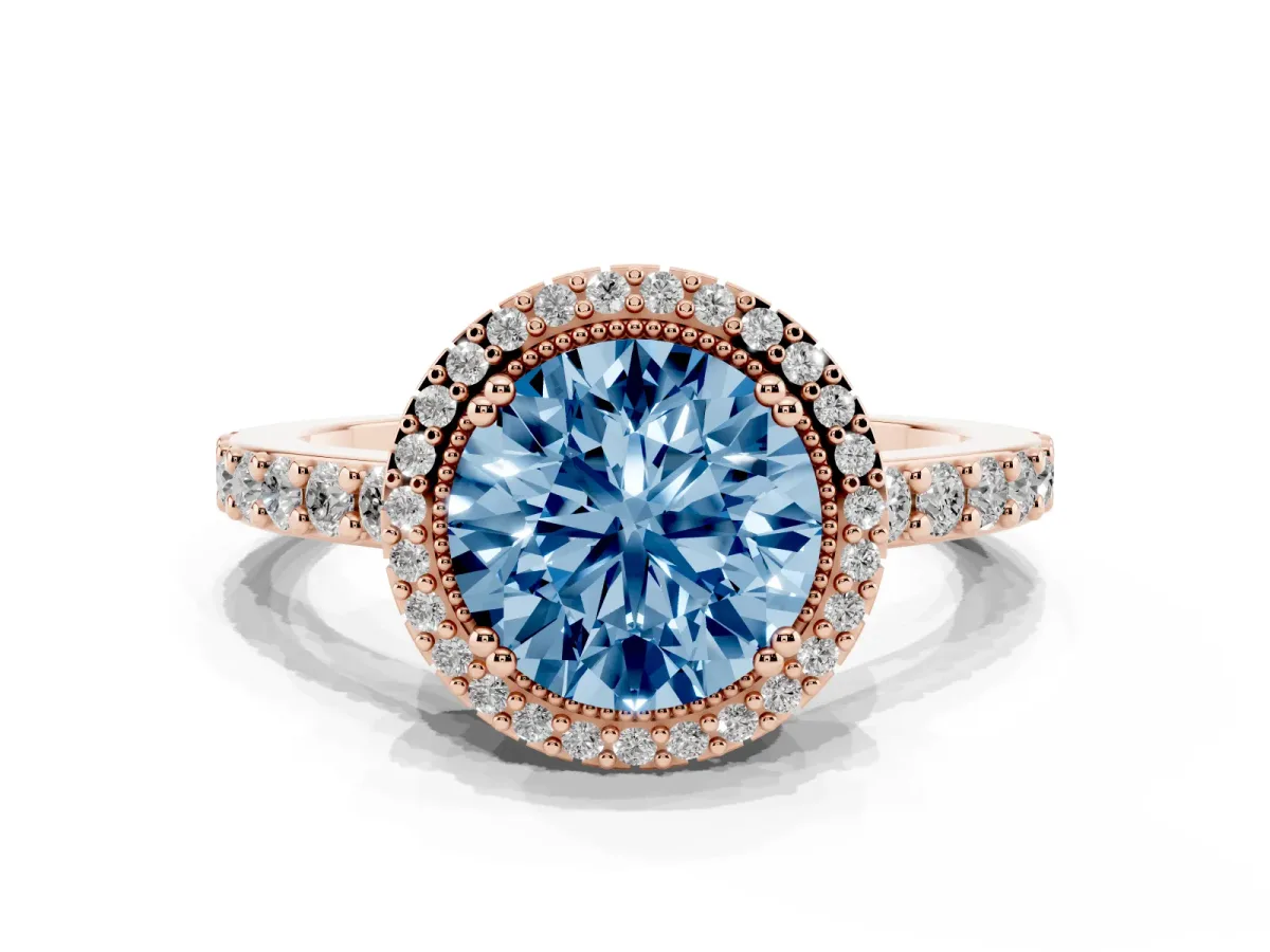 Fancy Blue Round Cut Cut Diamond Halo Engagement Ring with Milgrain Detail and Pavé Band Rose gold