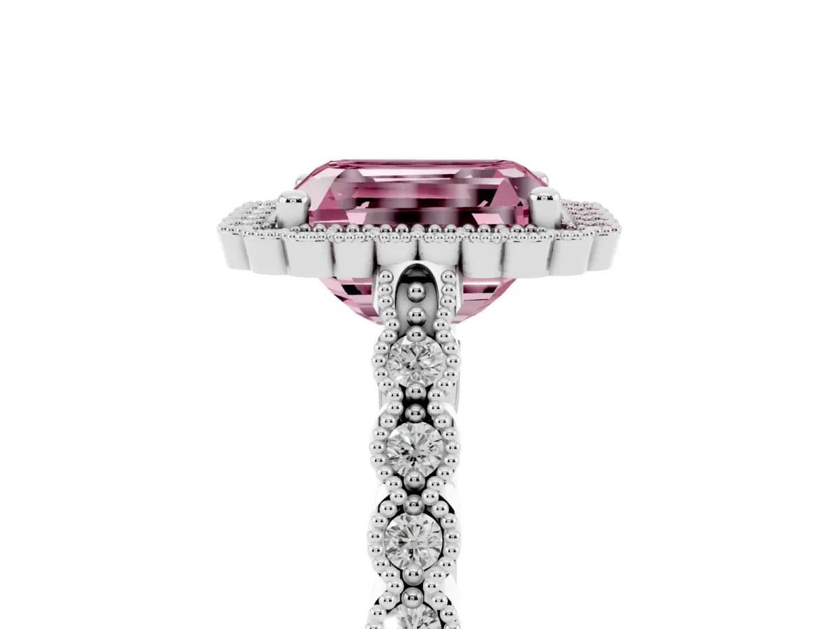 Fancy Pink Radiant Cut Cut Halo Pavé Solitaire Ring with Milgrain Band White gold
