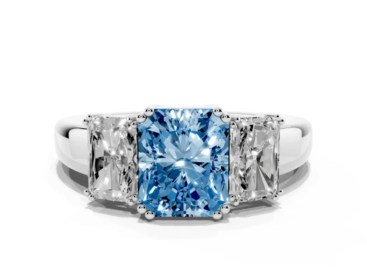 Fancy Blue Three-Stone Radiant Cut Cut Diamond Ring with Channel Set Band and Four-Prong Setting Silver
