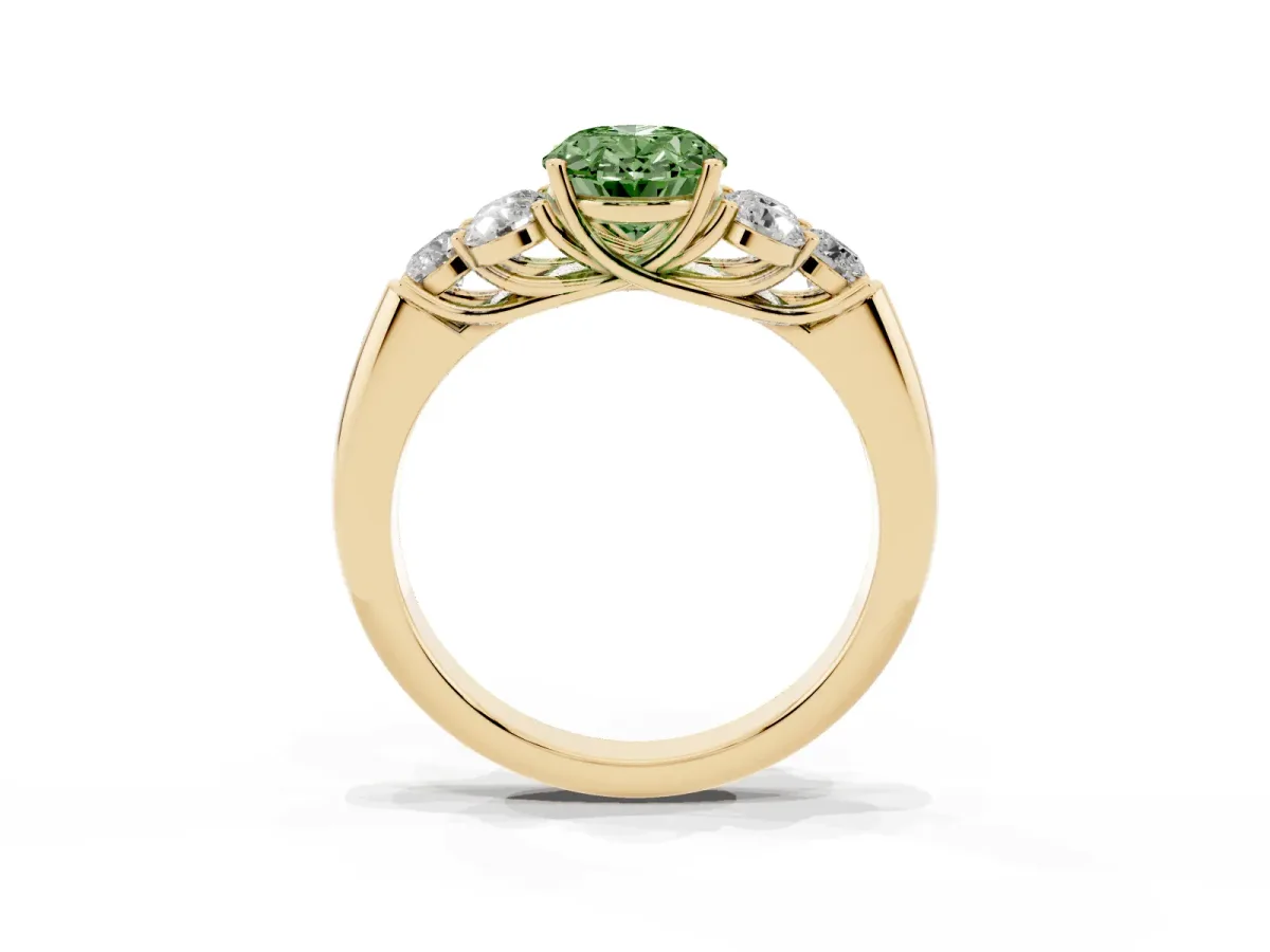 Fancy Green Oval Cut Cut Diamond Cluster Ring with Round Accent Stones and Prong Setting on a Classic Band Yellow gold