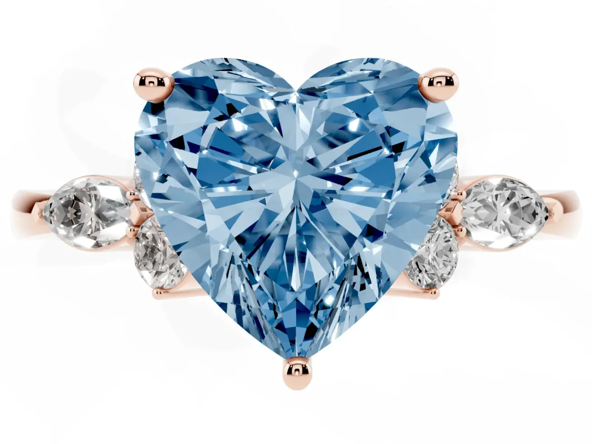 Fancy Blue Heart Cut Brilliant Diamond Solitaire Ring with Pear Side Stones and Four-Prong Setting Rose gold