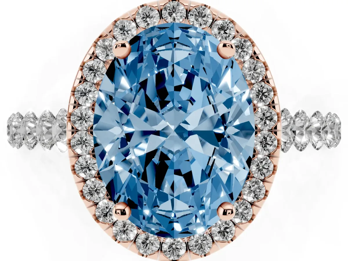 Fancy Blue Oval Cut Halo Pavé Diamond Engagement Ring with Four-Prong Setting Rose gold