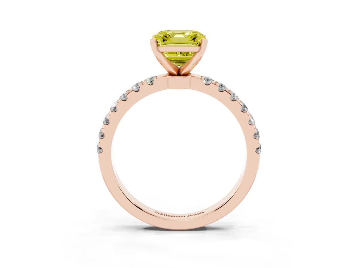 Fancy Yellow Asscher Cut Diamond Solitaire Ring with Pavé Accents and Four-Prong Setting Rose gold