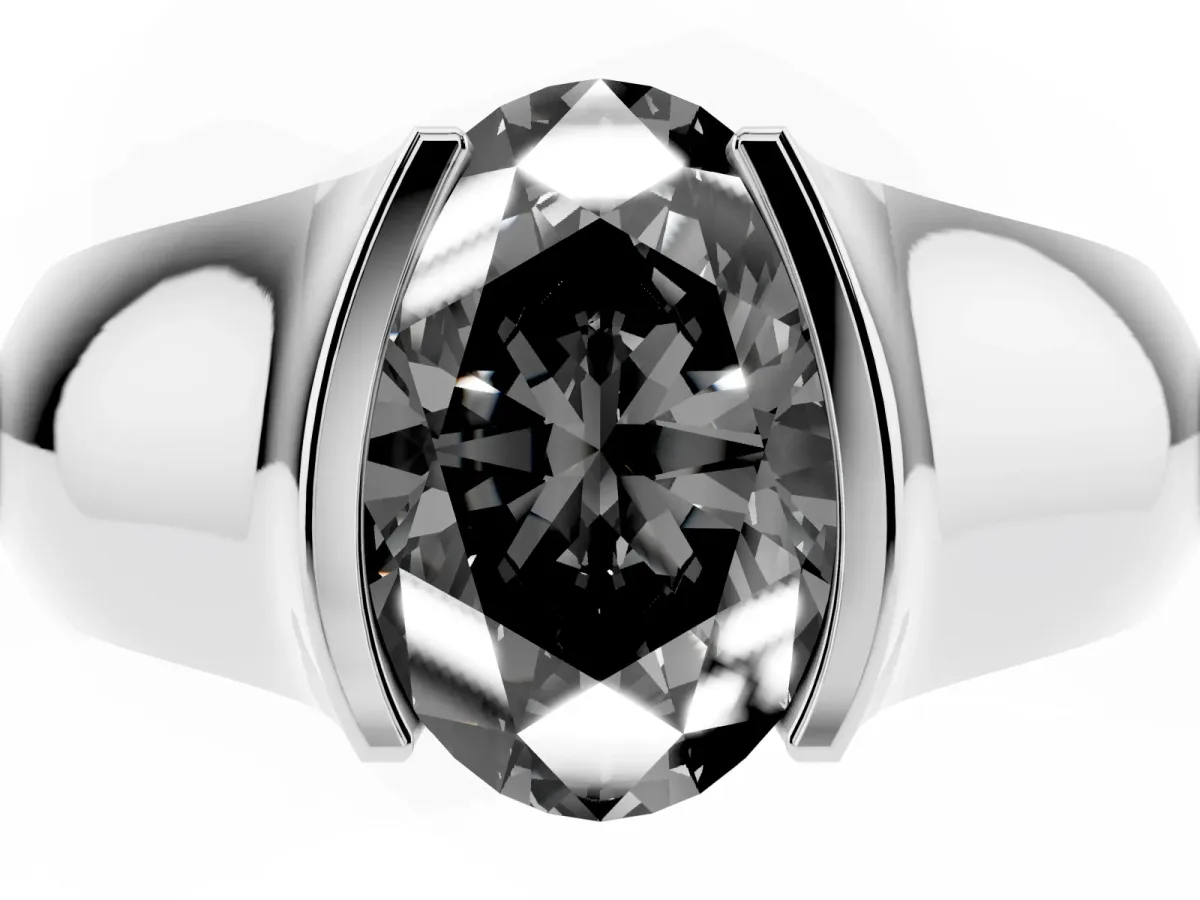 Fancy Black Oval Cut Solitaire Bezel Set Diamond Ring with Wide Band Silver