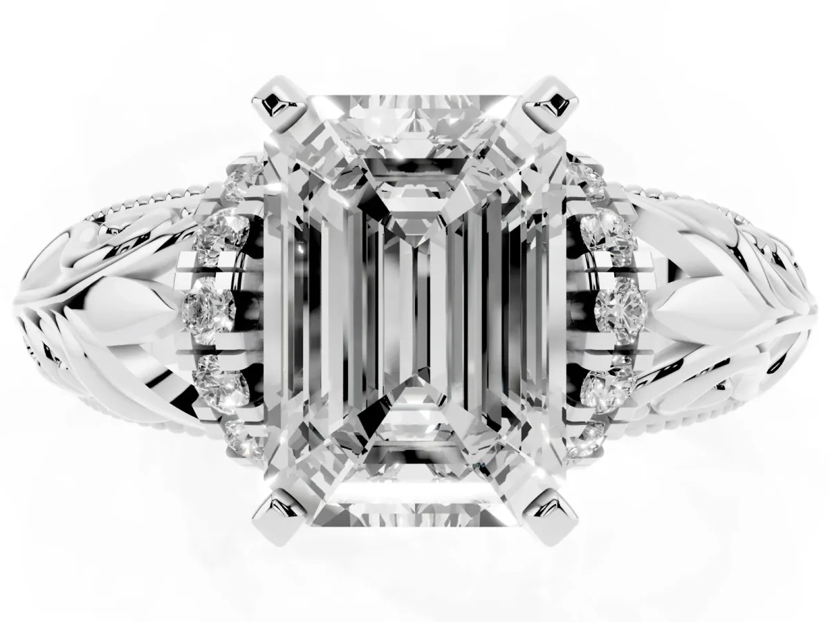 Emerald Cut Solitaire Filigree Engagement Ring with Halo and Prong Setting Platinum