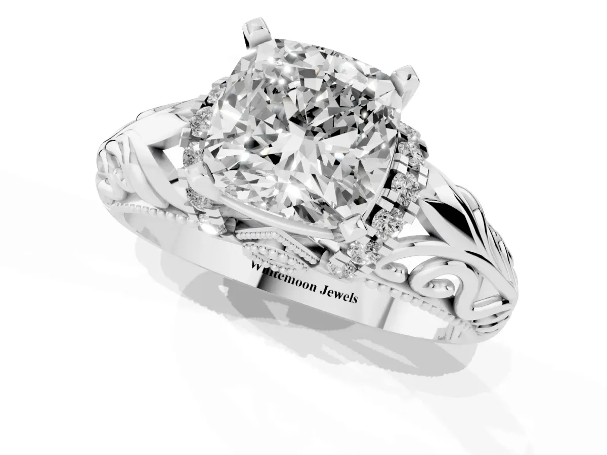 Cushion Cut Solitaire Filigree Engagement Ring with Halo and Prong Setting Silver