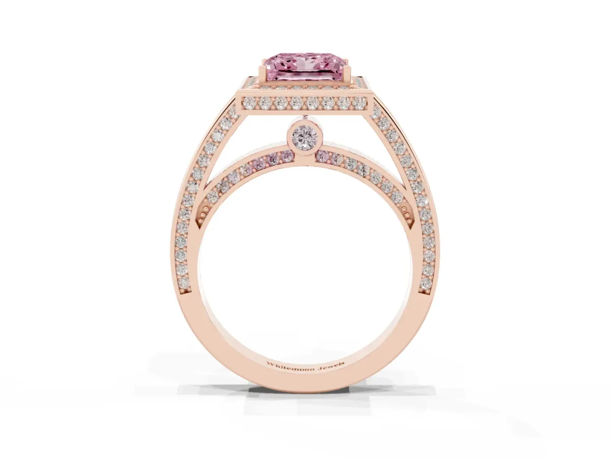 Fancy Pink Princess Cut Cut Halo Pave Split Shank Prong Setting Ring Rose gold
