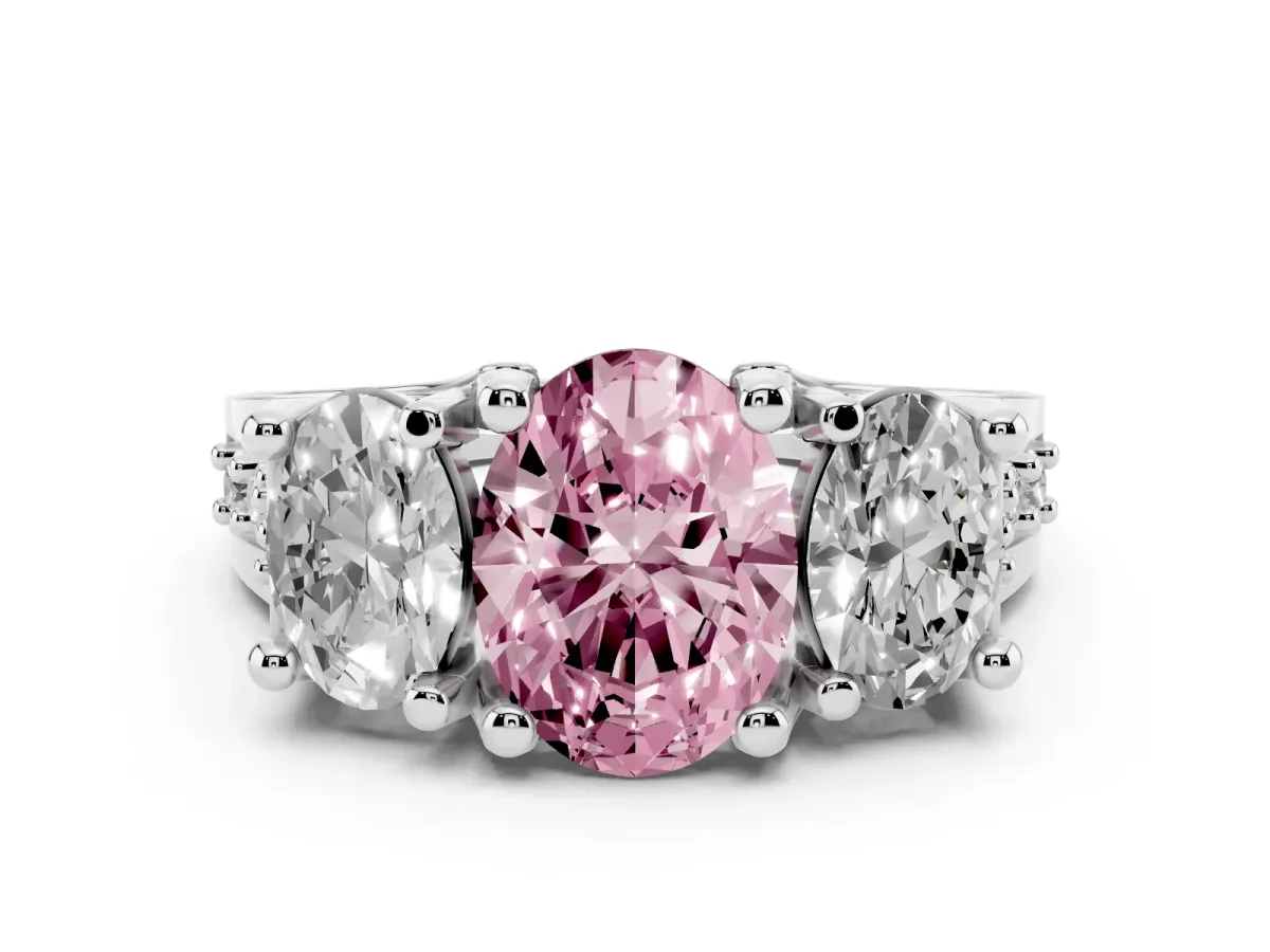Fancy Pink Oval Cut Diamond Three-Stone Ring with Channel Set Band and Four-Prong Setting Silver