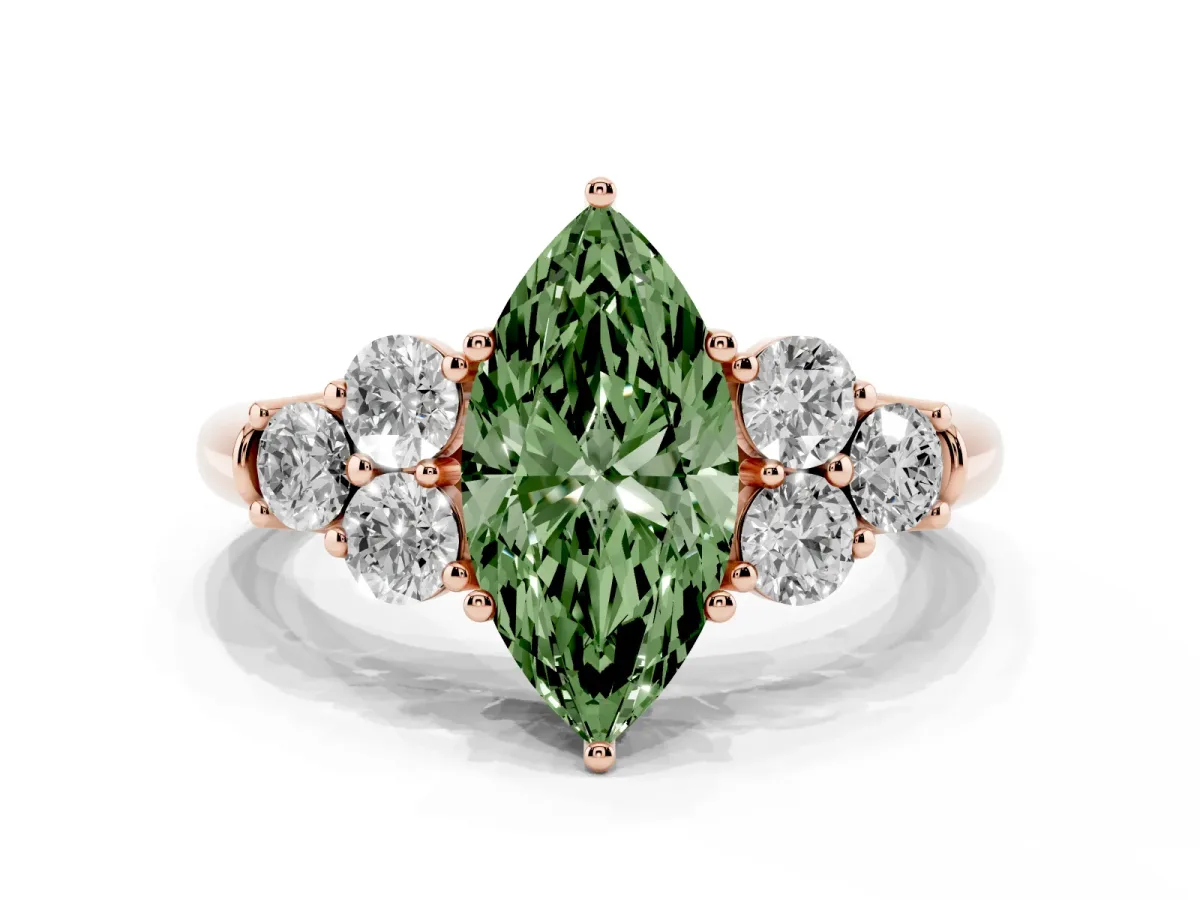 Fancy Green Marquise Cut Cut Diamond Cluster Ring with Round Accent Stones and Prong Setting on a Classic Band Rose gold