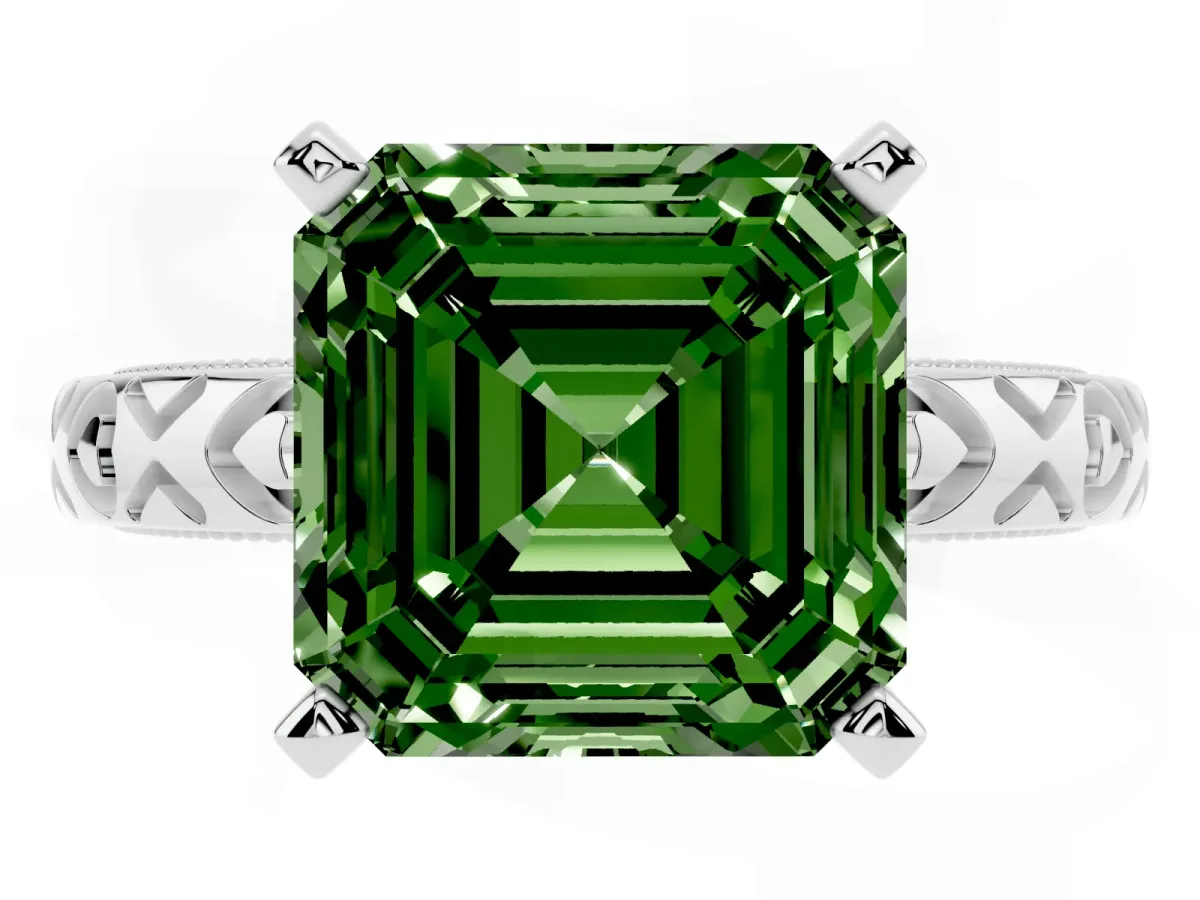 Fancy Green Asscher Cut Solitaire Diamond Engagement Ring with XO Engraved Band and Four-Prong Setting Platinum