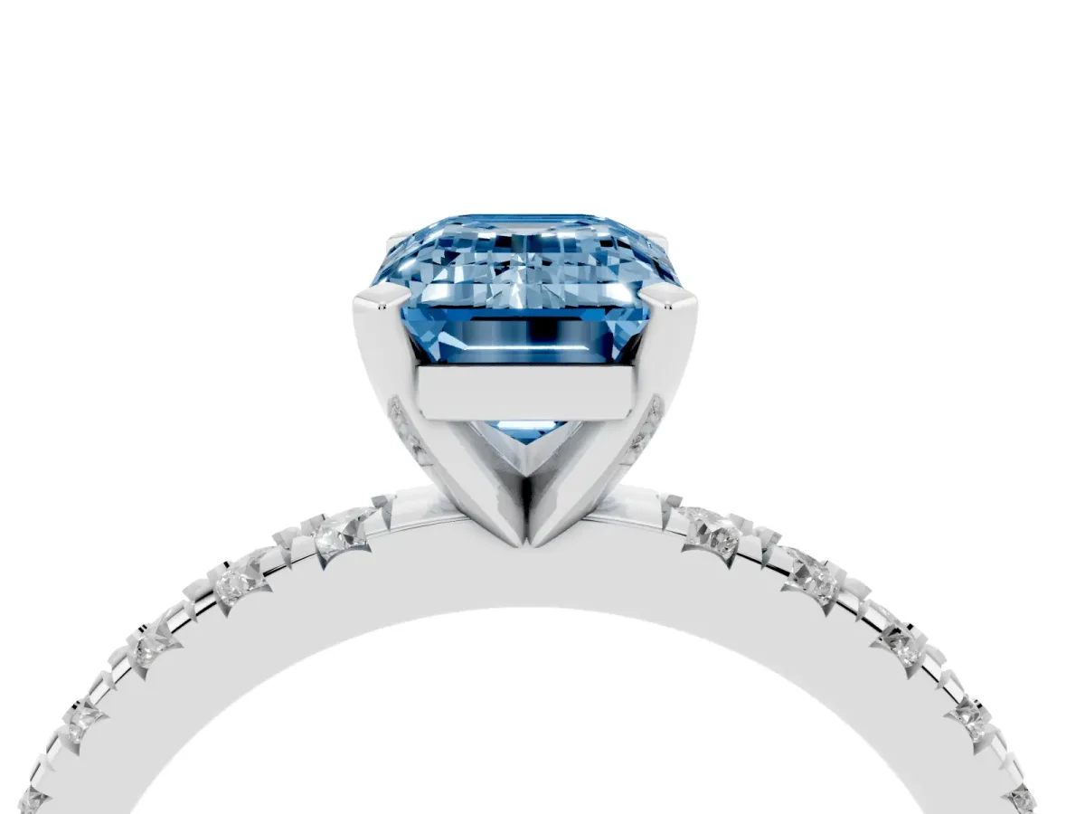 Fancy Blue Emerald Cut Diamond Pavé Band Solitaire with Four-Prong Setting Silver