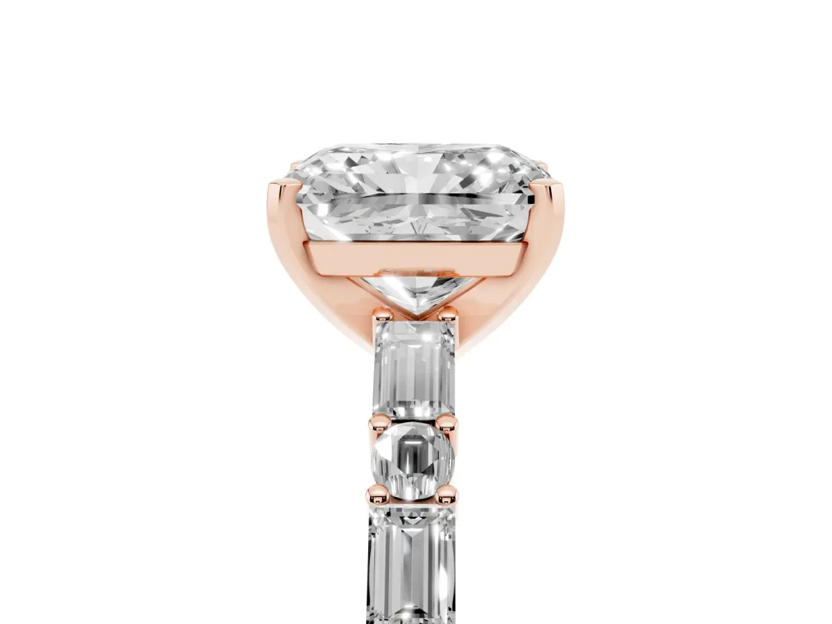 Radiant Cut Diamond Solitaire with Side Baguettes and Channel Set Band Rose gold