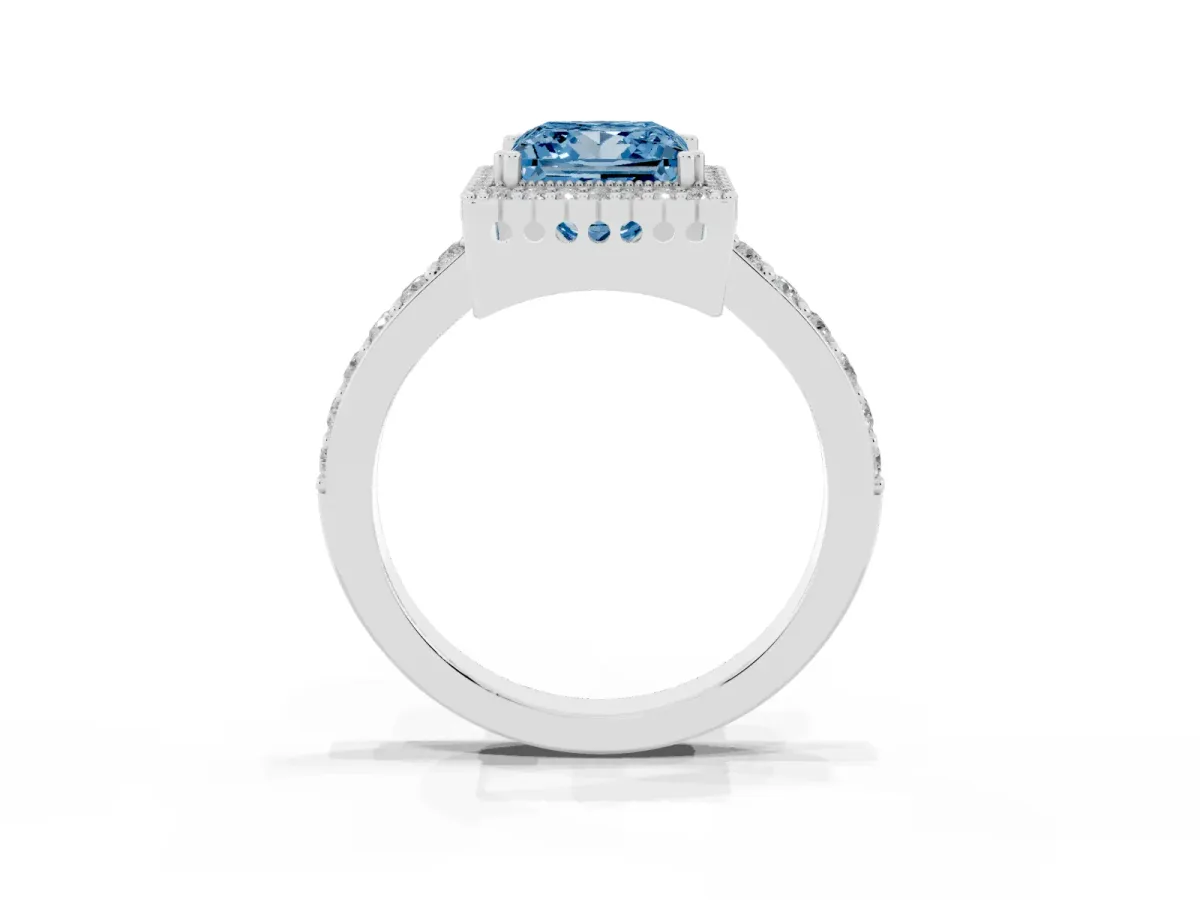 Fancy Blue Princess Cut Cut Diamond Halo Engagement Ring with Milgrain Detail and Pavé Band Platinum