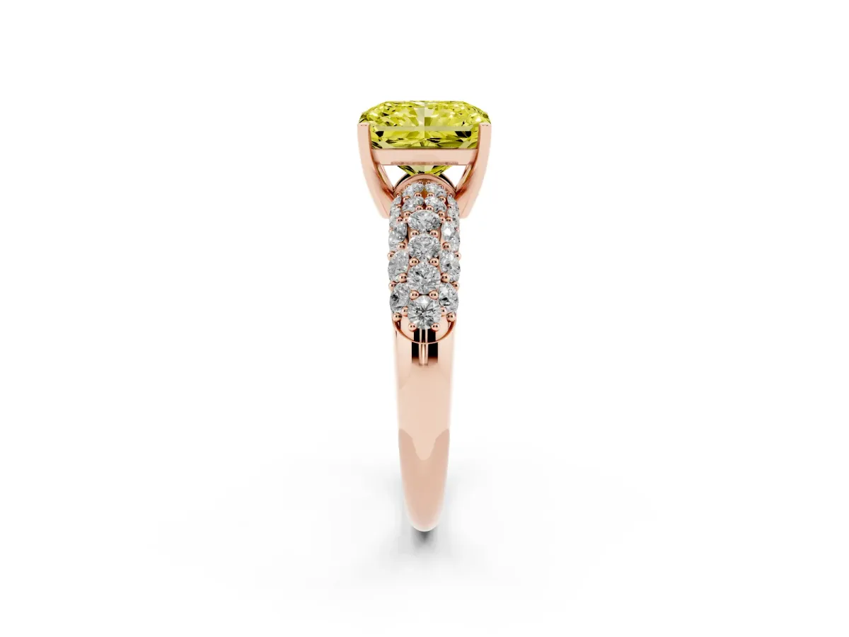 Fancy Yellow Radiant Cut Diamond Pavé Band Solitaire Ring with Four-Prong Setting Rose gold