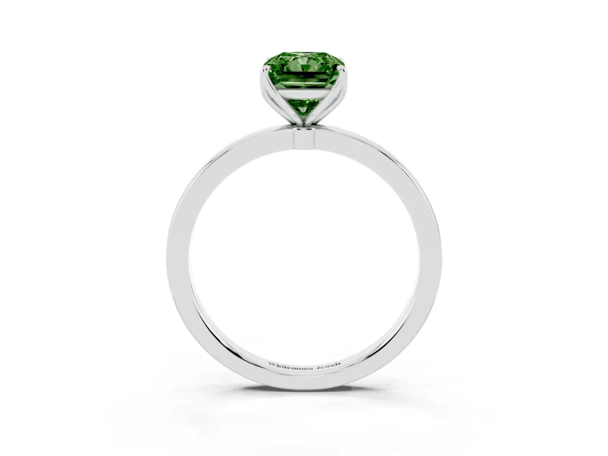 Fancy Green Radiant Cut Diamond Solitaire Ring with Thin Band and Prong Setting Silver