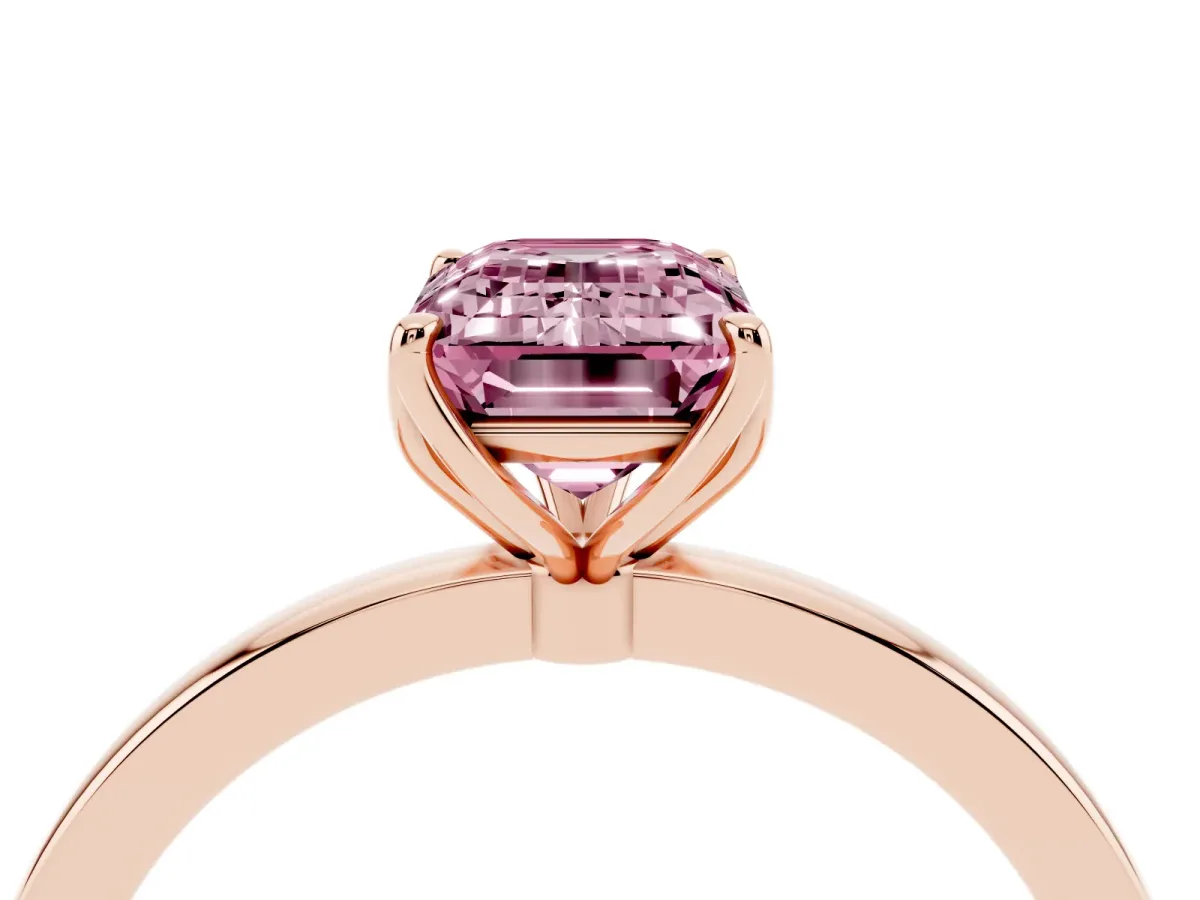 Fancy Pink Emerald Cut Diamond Solitaire Ring with Thin Band and Prong Setting Rose gold