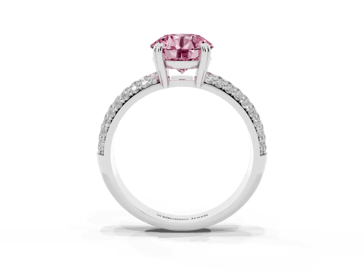 Fancy Pink Round Cut Diamond Solitaire Ring with Multi-Row Round Pavé Band and Prong Setting Silver