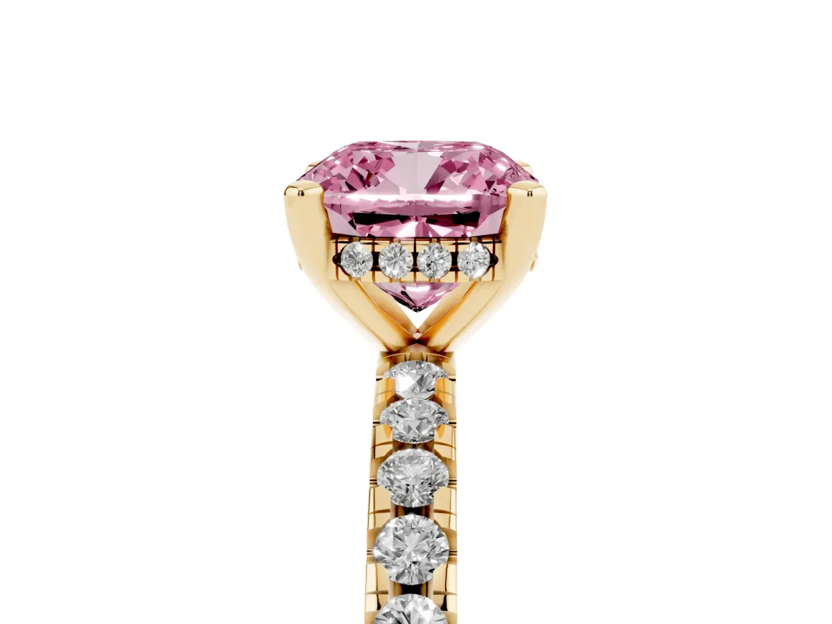 Fancy Pink Cushion Cut Diamond Solitaire Ring with Round Pavé Band and Four-Prong Setting Yellow gold