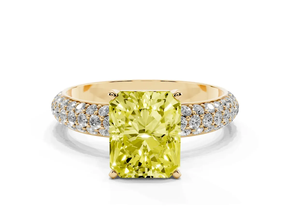 Fancy Yellow Radiant Cut Diamond Solitaire Ring with Prong Setting and Pavé Band Yellow gold