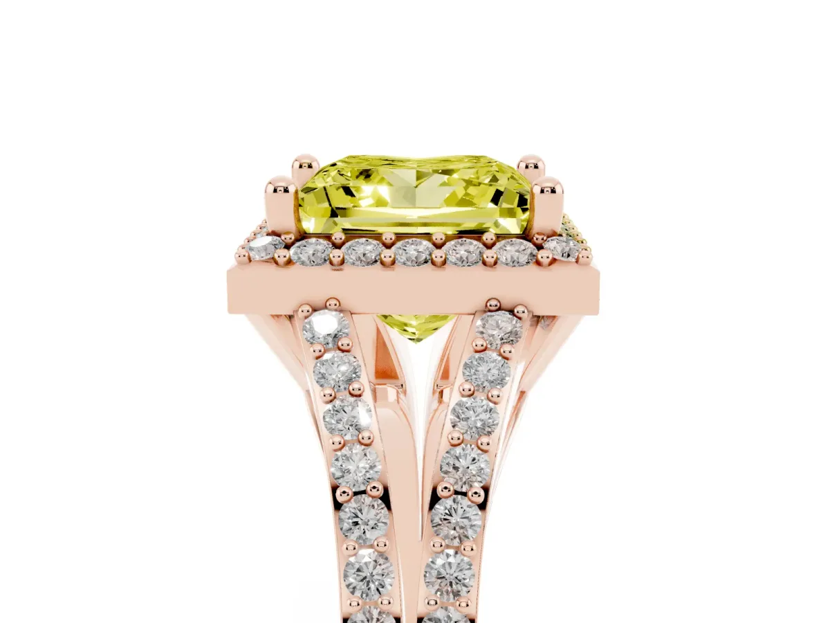 Fancy Yellow Princess Cut Halo Split Shank Pave Diamond Ring with Four-Prong Setting Rose gold