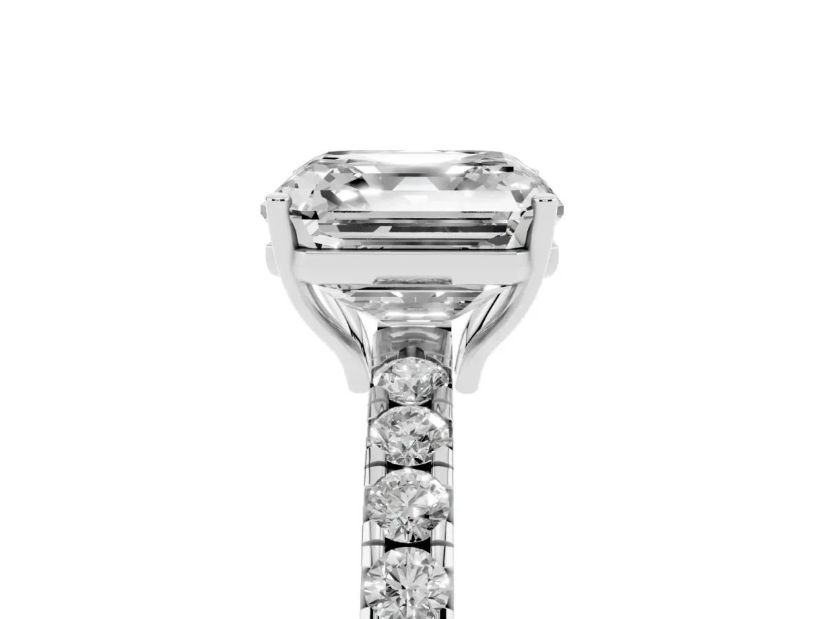 Asscher Cut Diamond Pavé Solitaire Engagement Ring with Four-Prong Setting Silver