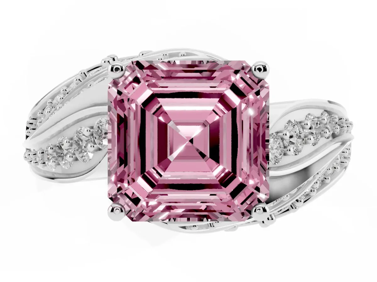 Fancy Pink Asscher Cut Diamond Solitaire Ring with Prong Setting and Twisted Pavé Band Silver