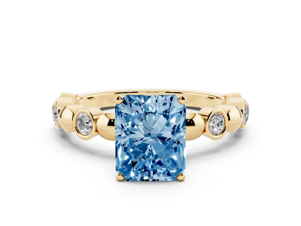 Fancy Blue Radiant Cut Solitaire Bezel-Set Diamond Ring with Beaded Band and Four-Prong Setting Yellow gold