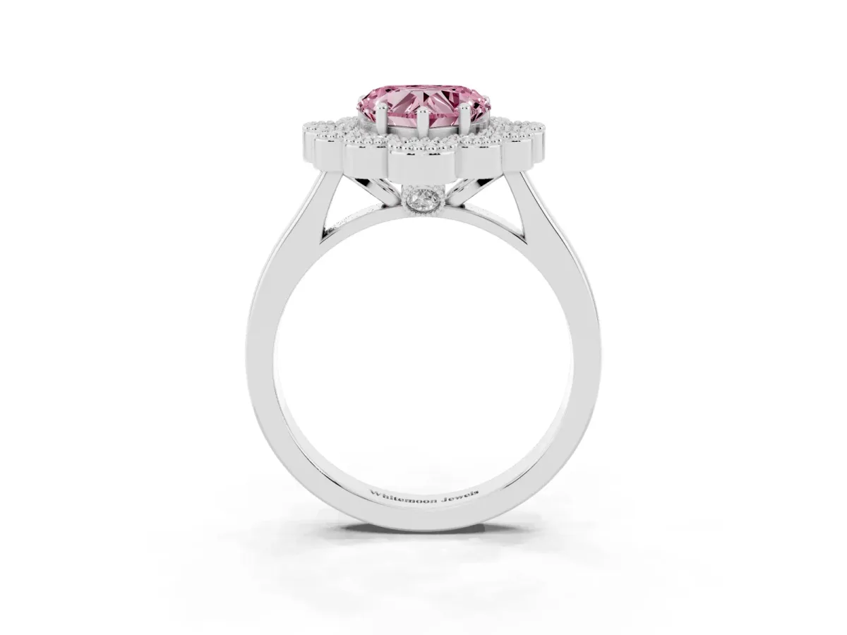 Fancy Pink Heart Cut Halo Diamond Cluster Engagement Ring with Milgrain Bezel Setting and Solitaire Band White gold