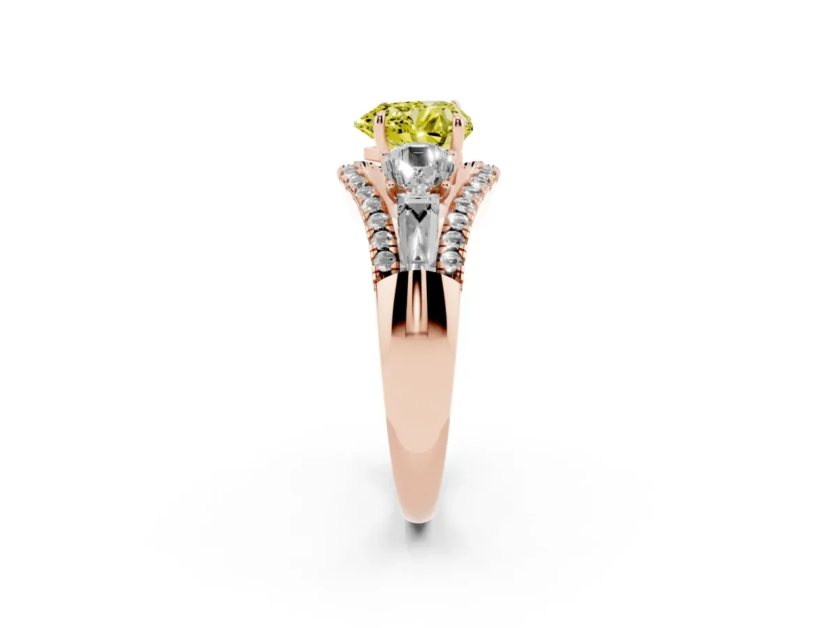 Fancy Yellow Three-Stone Heart Cut Diamond Engagement Ring with Pave Band and Prong Setting Rose gold