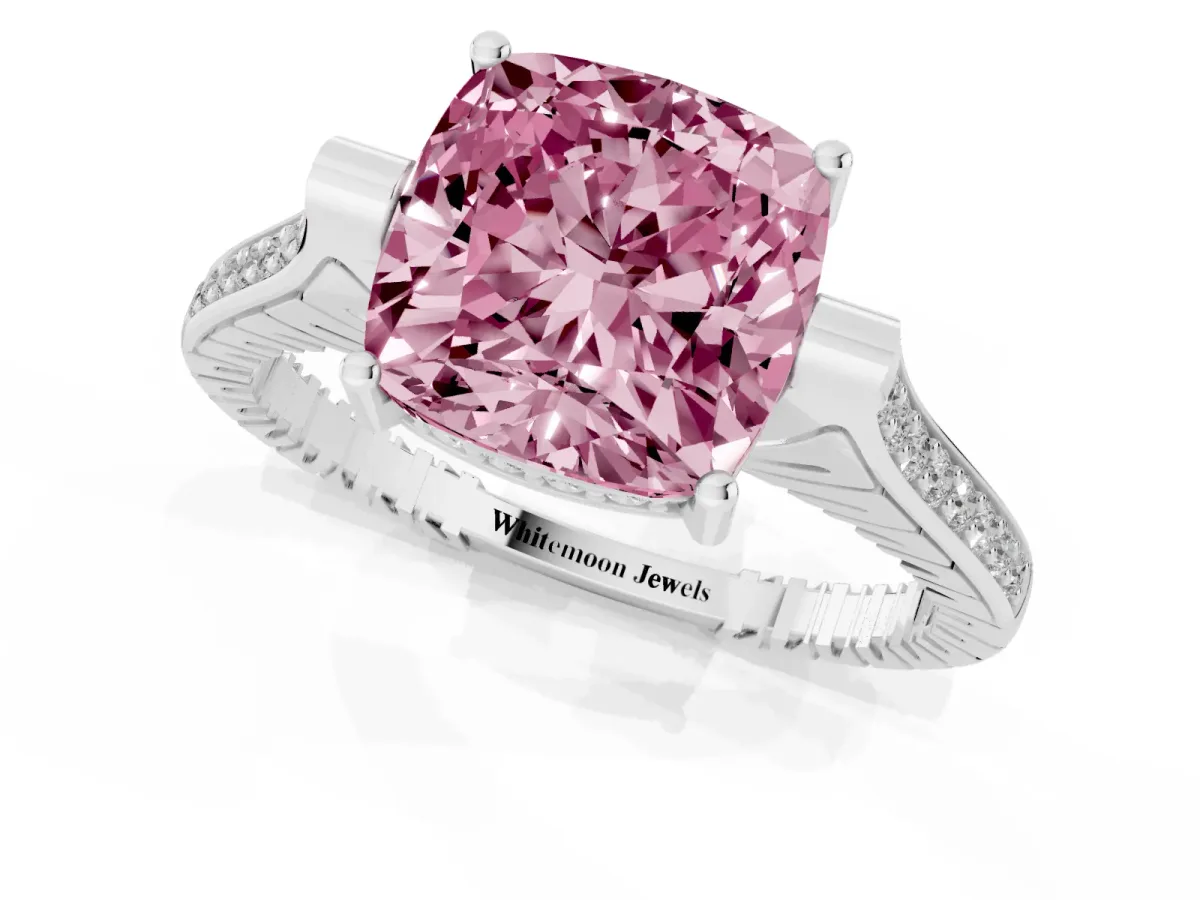 Fancy Pink Cushion Cut Solitaire Diamond Ring with Channel Set Band and Bezel Prong Setting Platinum