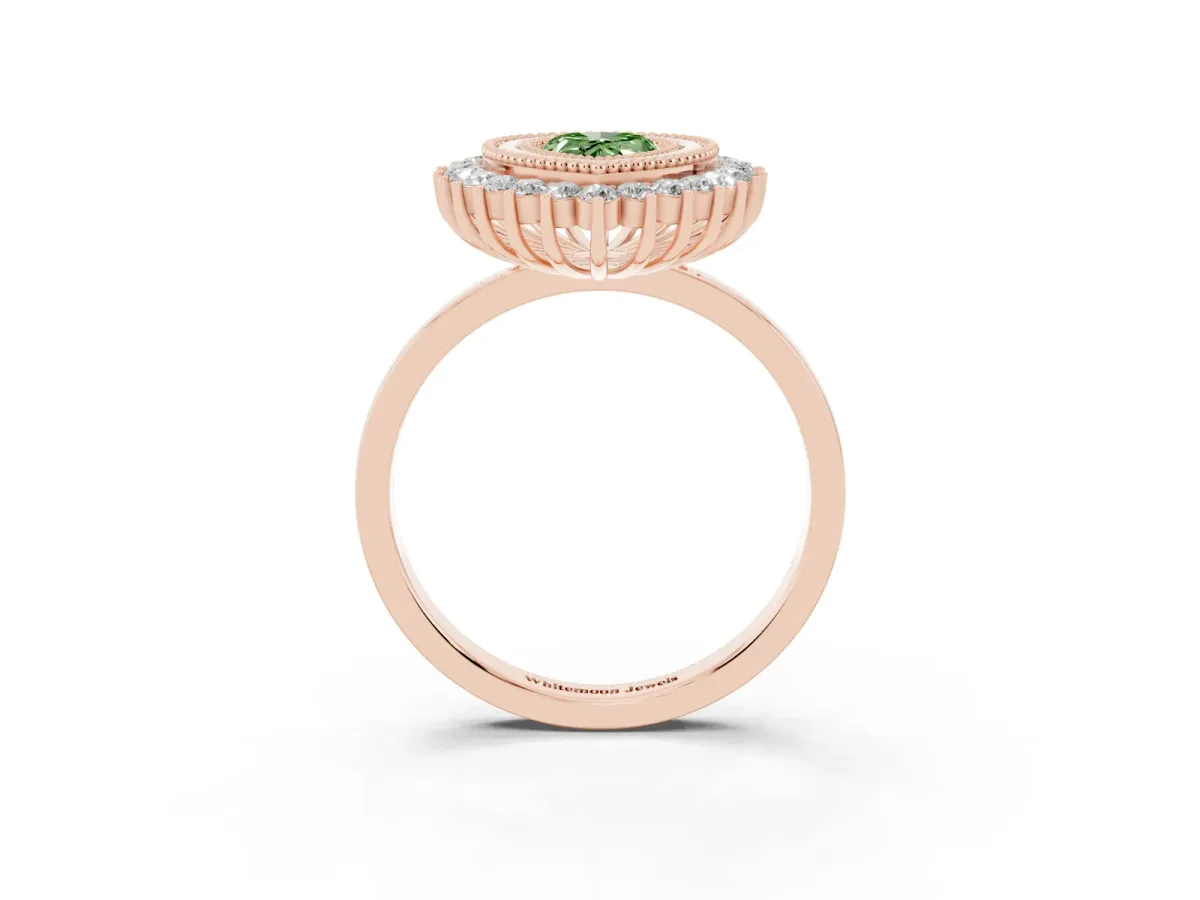 Fancy Green Pear Cut Halo Diamond Ring with Milgrain Edge and Round Prong Setting Rose gold