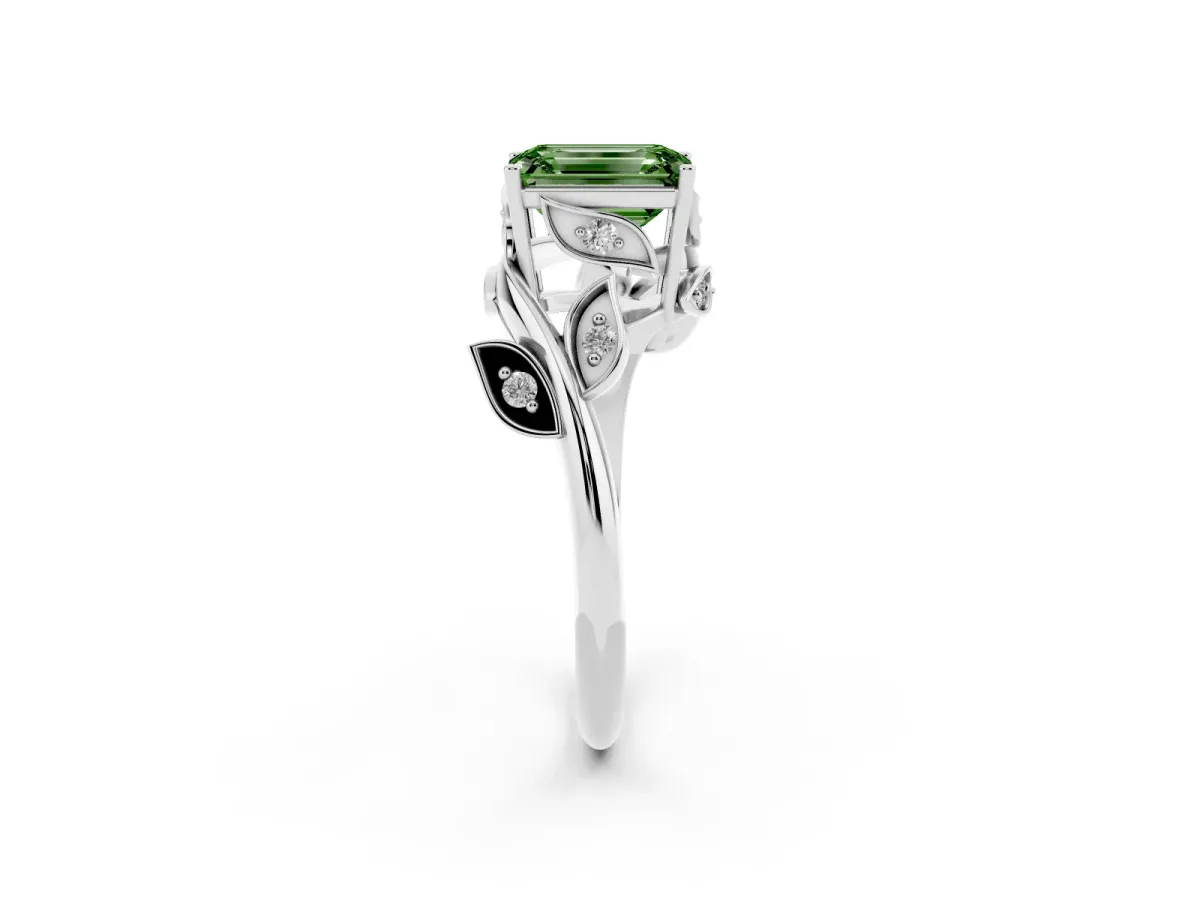 Fancy Green Emerald Cut Solitaire Twist Engagement Ring with Leaf Accents and Prong Setting Silver
