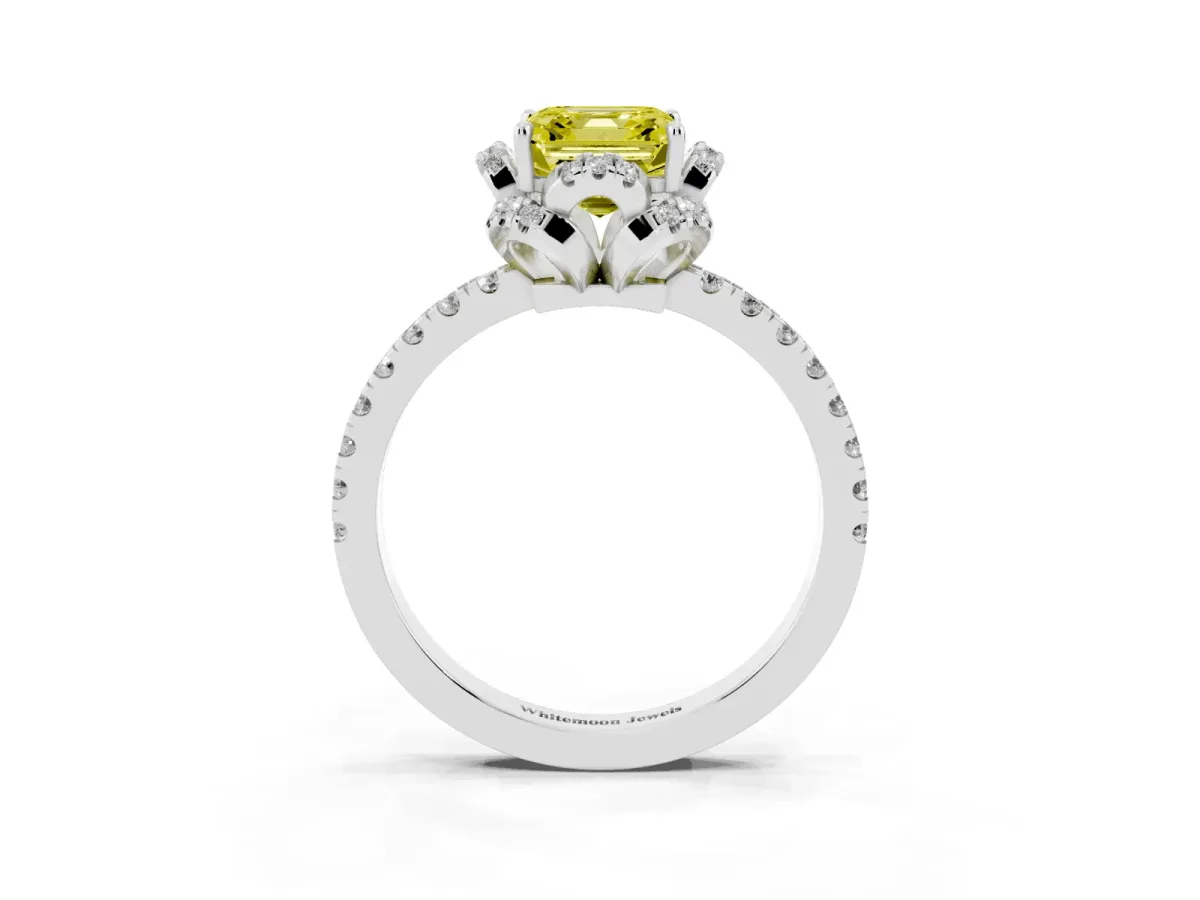 Fancy Yellow Asscher Cut Halo Diamond Pave Band Ring with Four-Prong Setting Silver