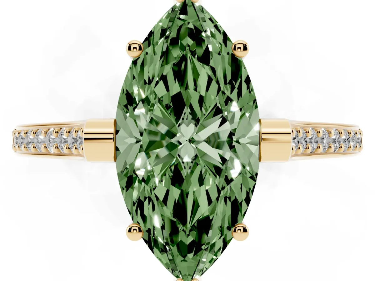 Fancy Green Marquise Cut Solitaire Diamond Ring with Channel Set Band and Bezel Prong Setting Yellow gold