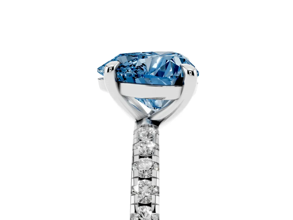 Fancy Blue Heart Cut Diamond Brilliant Solitaire Ring with Pavé Band and Four-Prong Setting Platinum