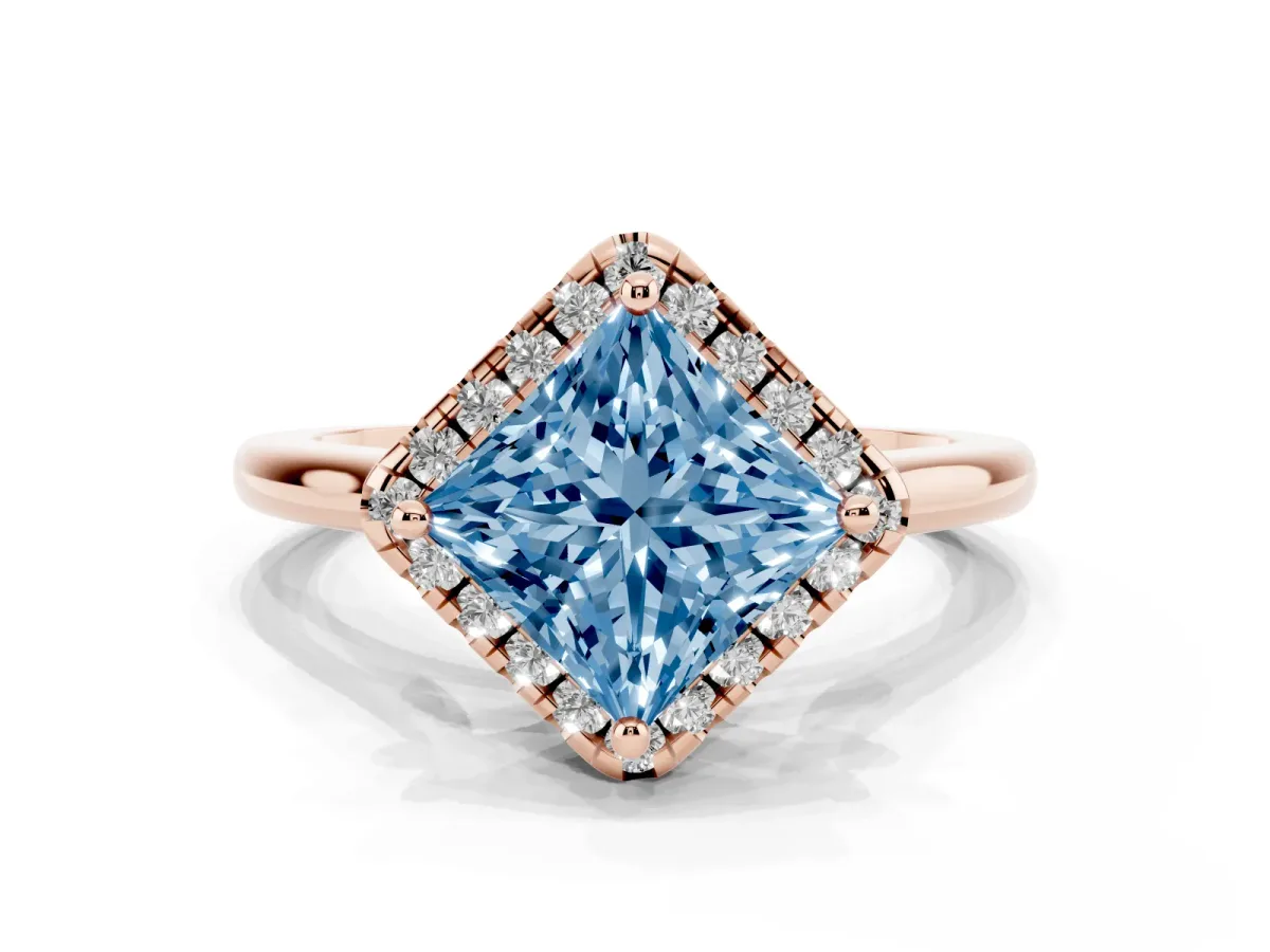 Fancy Blue Princess Cut Halo Round Diamond Solitaire Engagement Ring with Pave Band and Four-Prong Setting Rose gold