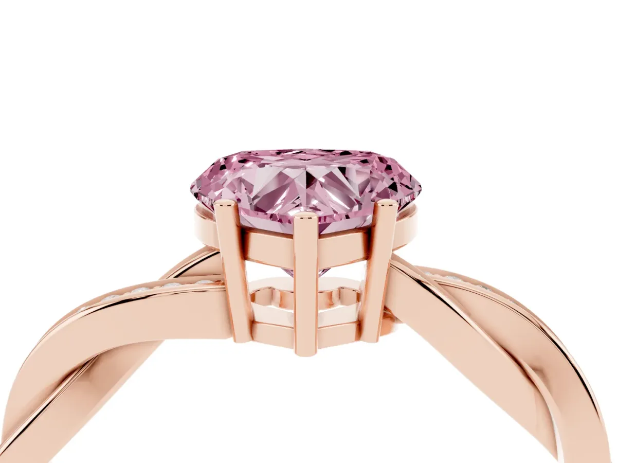 Fancy Pink Heart Cut Solitaire Twisted Pave Diamond Ring with Four-Prong Setting Rose gold