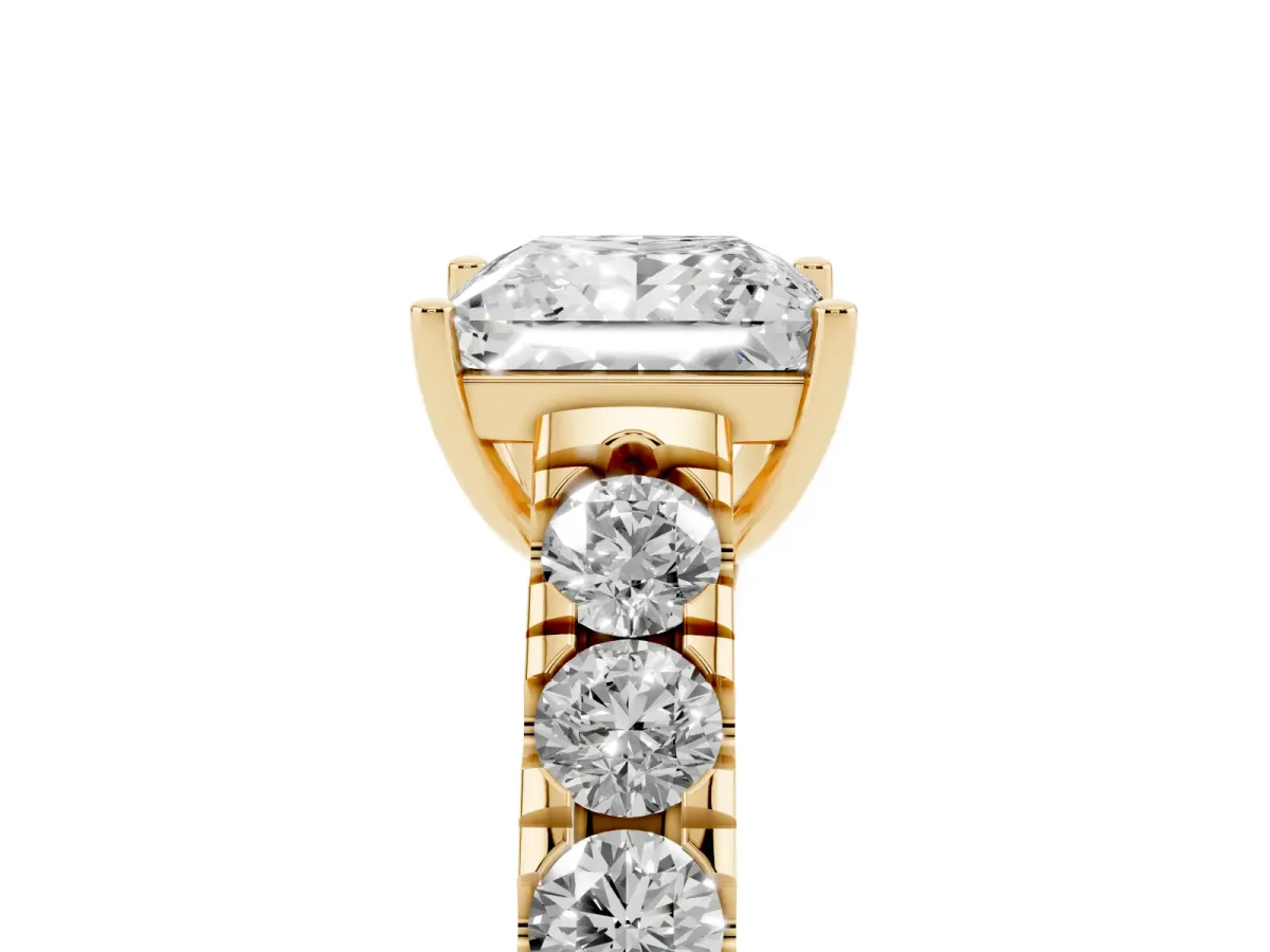 Princess Cut Cut Diamond Solitaire Ring with Micro Pave Band and Prong Setting Yellow gold