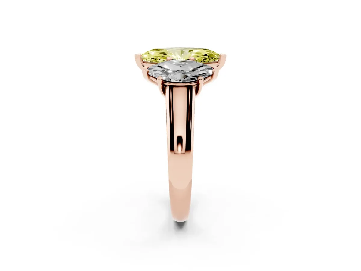 Fancy Yellow Marquise Cut Three-Stone Diamond Ring with Prong Setting on a Classic Band Rose gold
