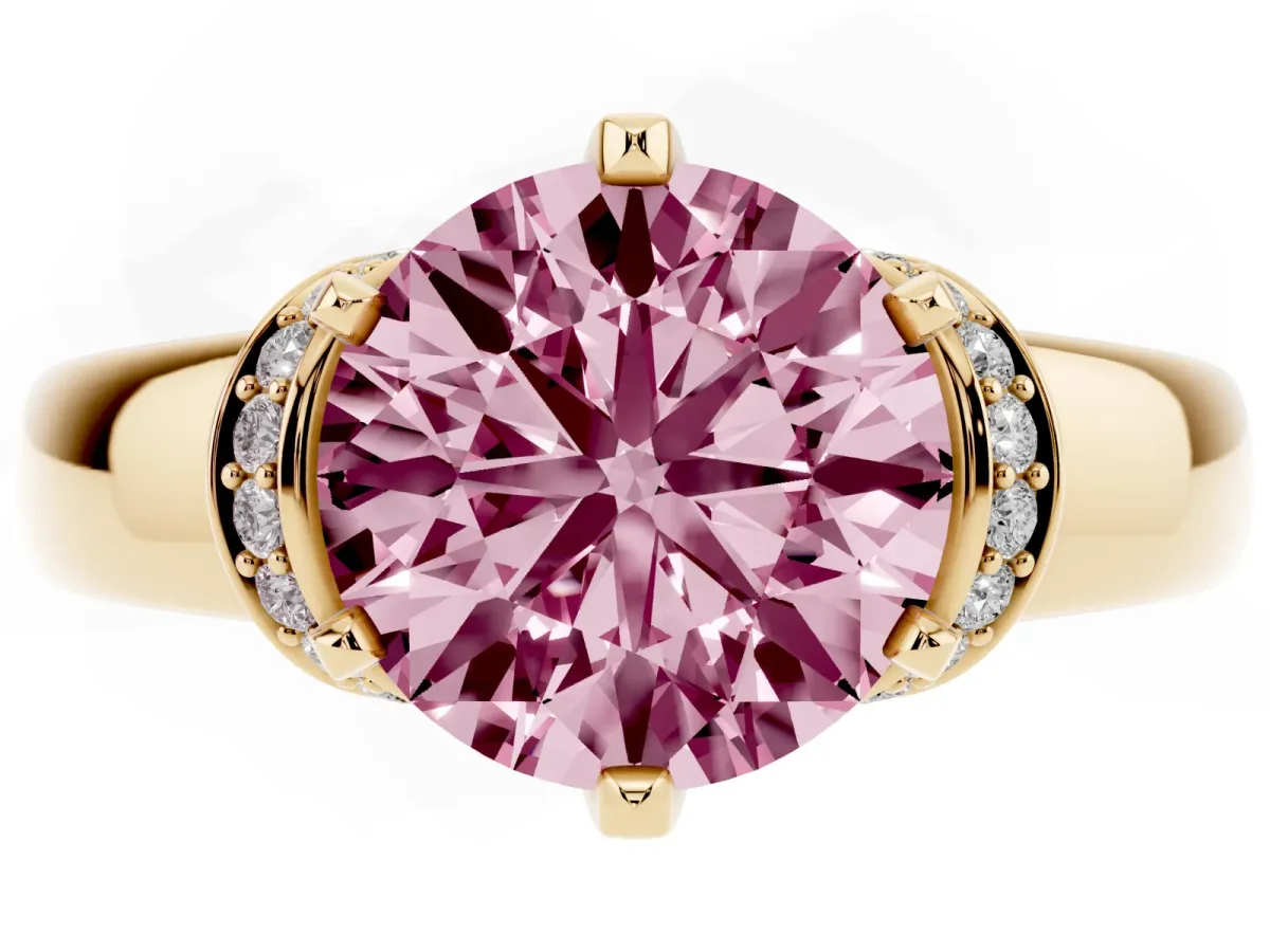 Fancy Pink Round Cut Solitaire Diamond Ring with Pave Band and Six-Prong Setting Yellow gold
