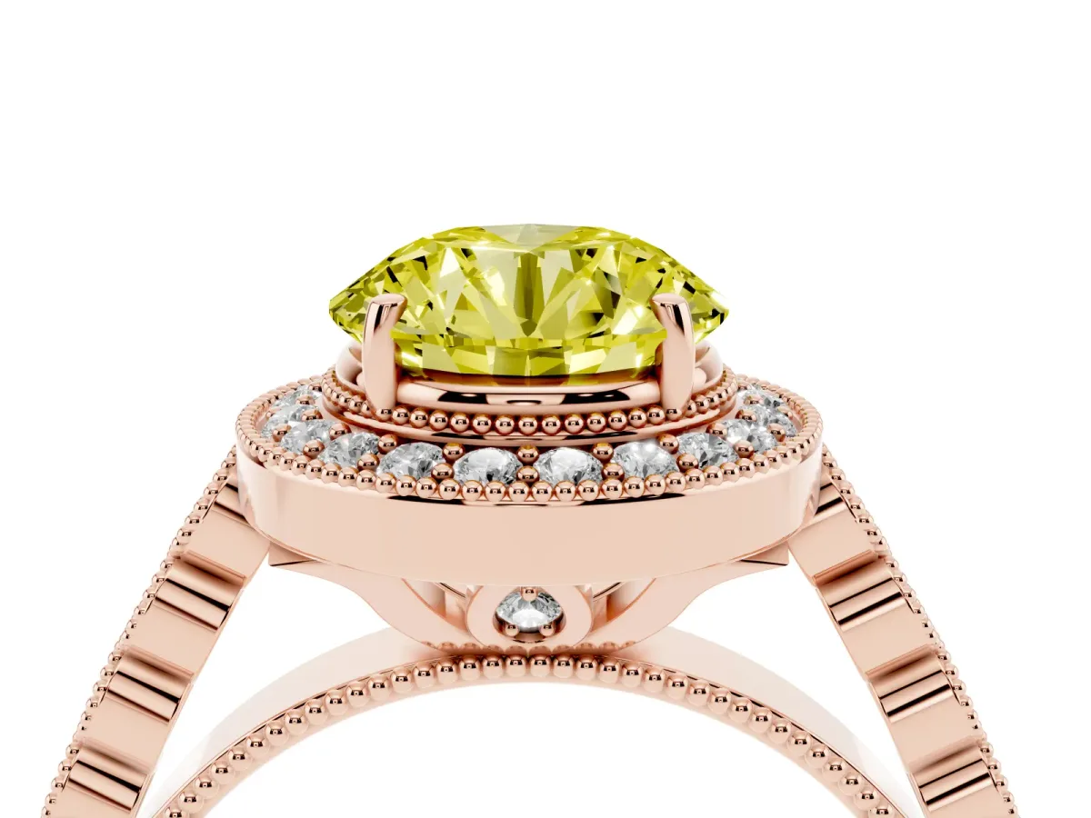 Fancy Yellow Round Cut Halo Milgrain Solitaire with Bezel Set Side Stones and Pave Band Rose gold