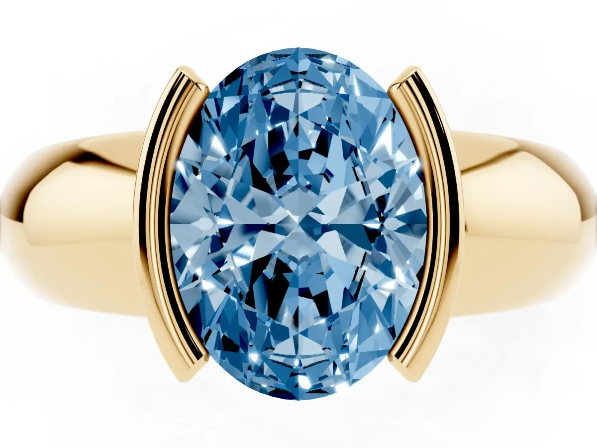 Fancy Blue Oval Cut Solitaire Tension Set Diamond Ring with Wide Band Yellow gold