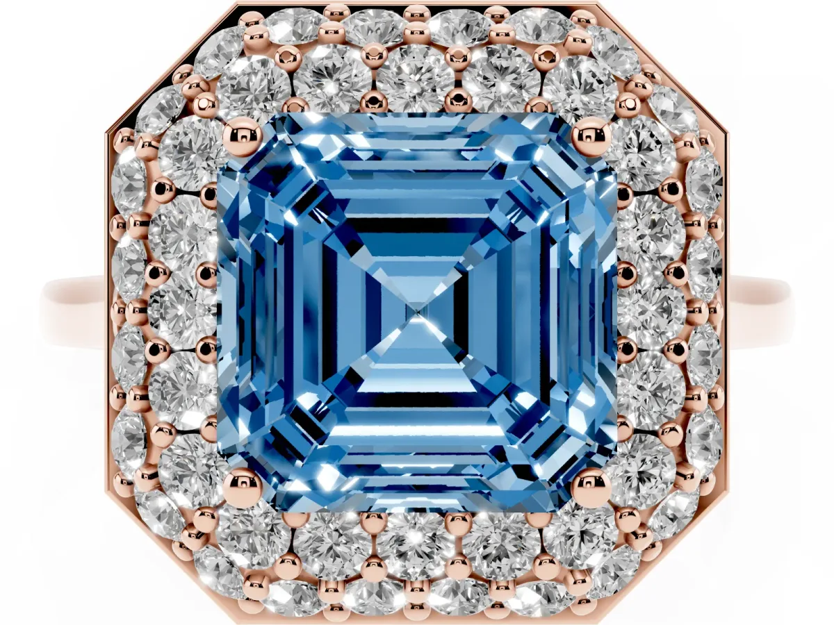 Fancy Blue Asscher Cut Halo Diamond Engagement Ring with Solitaire Band and Four-Prong Setting Rose gold