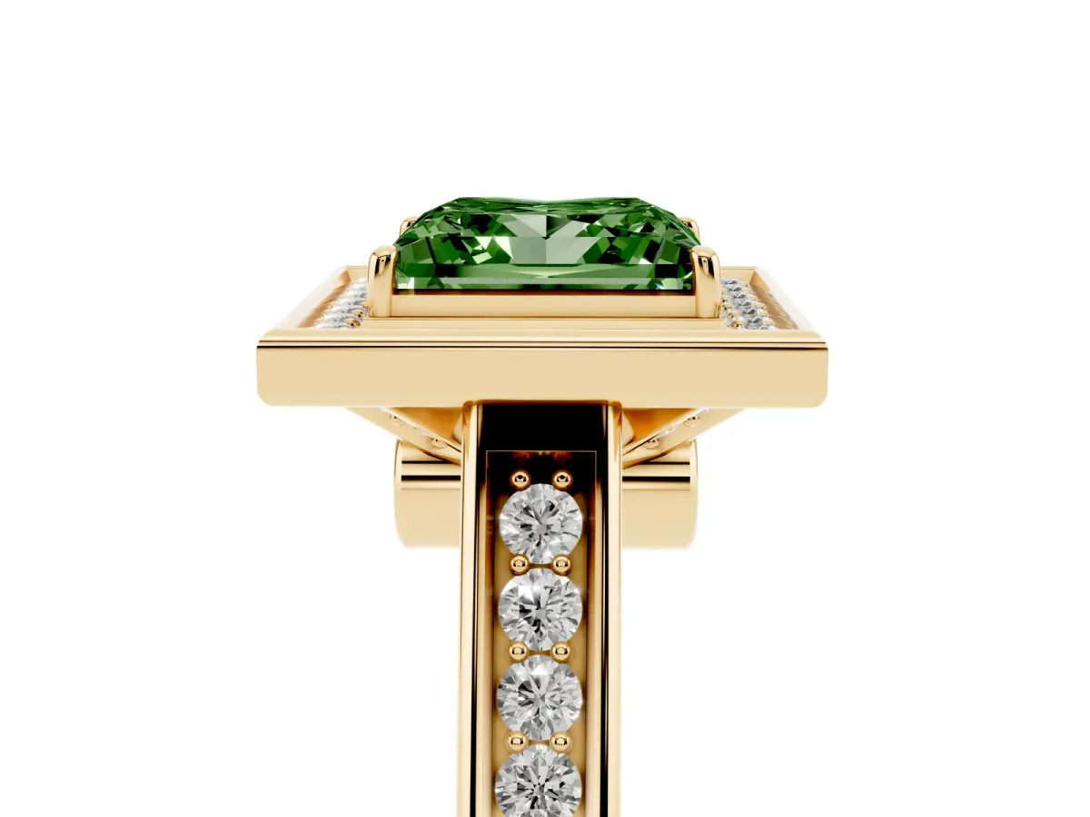 Fancy Green Princess Cut Halo Solitaire Diamond Ring with Pave Band and Bezel Setting Yellow gold