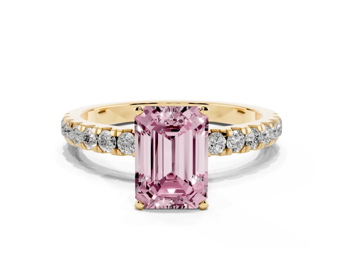 Fancy Pink Emerald Cut Diamond Solitaire Ring with Pavé Accents and Four-Prong Setting Yellow gold